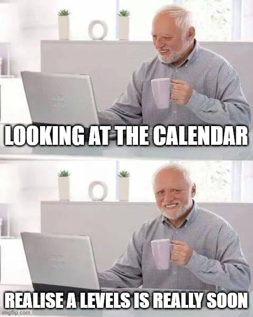 Hide the Pain Harold Meme | LOOKING AT THE CALENDAR; REALISE A LEVELS IS REALLY SOON | image tagged in memes,hide the pain harold | made w/ Imgflip meme maker