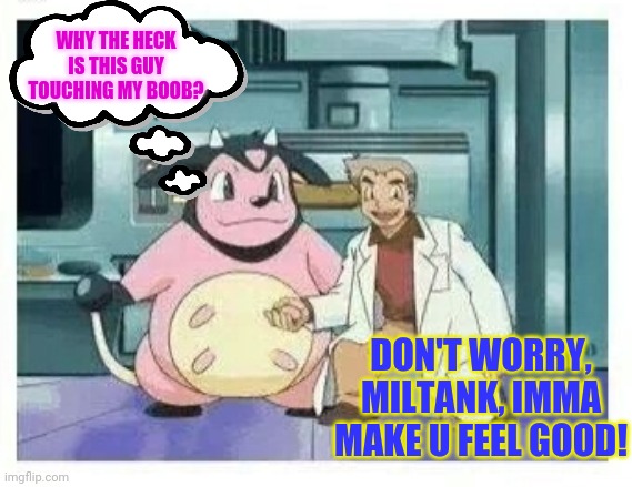 WHY THE HECK IS THIS GUY TOUCHING MY BOOB? DON'T WORRY, MILTANK, IMMA MAKE U FEEL GOOD! | made w/ Imgflip meme maker