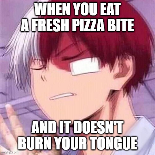 Pizza Bite | WHEN YOU EAT A FRESH PIZZA BITE; AND IT DOESN'T BURN YOUR TONGUE | image tagged in todoroki | made w/ Imgflip meme maker