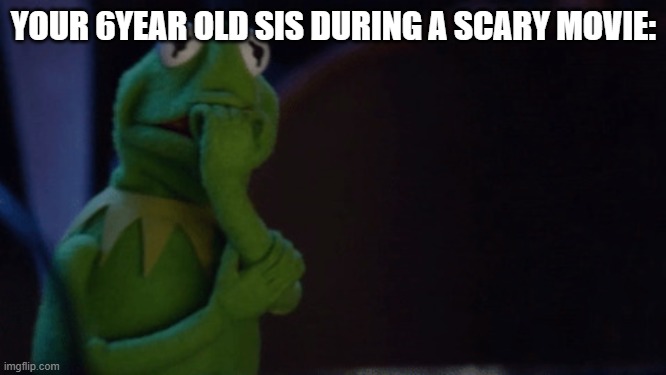 Nervous Kermit | YOUR 6YEAR OLD SIS DURING A SCARY MOVIE: | image tagged in nervous kermit | made w/ Imgflip meme maker