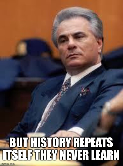 John Gotti | BUT HISTORY REPEATS ITSELF THEY NEVER LEARN | image tagged in john gotti | made w/ Imgflip meme maker