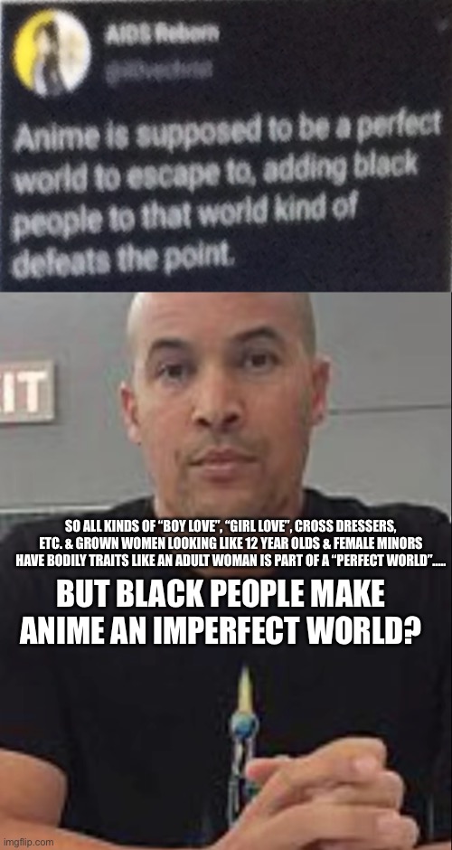 Yeah.....so lgbtq people are being supported across media, but Black people still ain’t |  SO ALL KINDS OF “BOY LOVE”, “GIRL LOVE”, CROSS DRESSERS, ETC. & GROWN WOMEN LOOKING LIKE 12 YEAR OLDS & FEMALE MINORS HAVE BODILY TRAITS LIKE AN ADULT WOMAN IS PART OF A “PERFECT WORLD”..... BUT BLACK PEOPLE MAKE ANIME AN IMPERFECT WORLD? | image tagged in truth,anime,injustice,memes,lgbtq | made w/ Imgflip meme maker