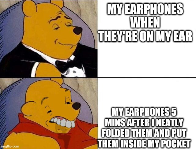 earphones problem | MY EARPHONES WHEN THEY'RE ON MY EAR; MY EARPHONES 5 MINS AFTER I NEATLY FOLDED THEM AND PUT THEM INSIDE MY POCKET | image tagged in tuxedo winnie the pooh grossed reverse,oof,earphones,y u no be neatly folded | made w/ Imgflip meme maker