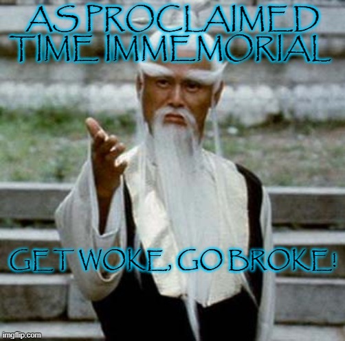 Get Woke Go Broke | AS PROCLAIMED TIME IMMEMORIAL; GET WOKE, GO BROKE! | image tagged in asian old wise man,woke | made w/ Imgflip meme maker