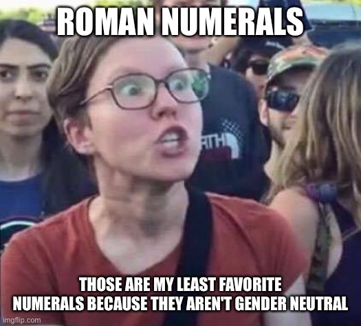 Angry Liberal | ROMAN NUMERALS; THOSE ARE MY LEAST FAVORITE NUMERALS BECAUSE THEY AREN'T GENDER NEUTRAL | image tagged in angry liberal | made w/ Imgflip meme maker