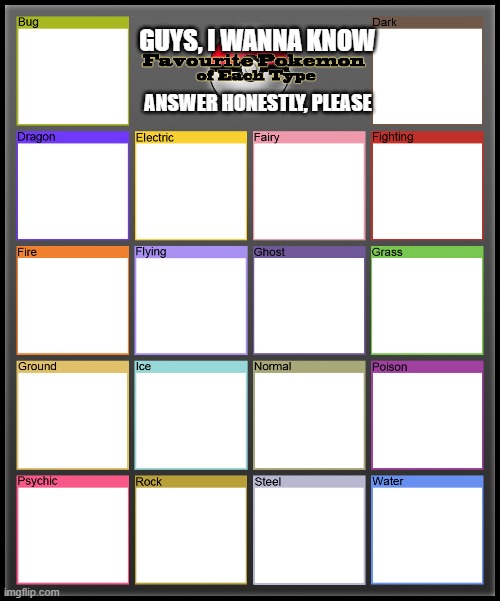 Favorite Pokemon of each type | GUYS, I WANNA KNOW; ANSWER HONESTLY, PLEASE | image tagged in favorite pokemon of each type | made w/ Imgflip meme maker