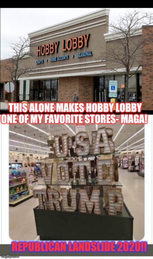 VOTE TRUMP 2020 | THIS ALONE MAKES HOBBY LOBBY ONE OF MY FAVORITE STORES- MAGA! | image tagged in vote trump | made w/ Imgflip meme maker