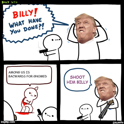 Billy, What Have You Done | AMONG US IS BACWARDS FOR GNOMED; SHOOT HIM BILLY | image tagged in billy what have you done | made w/ Imgflip meme maker