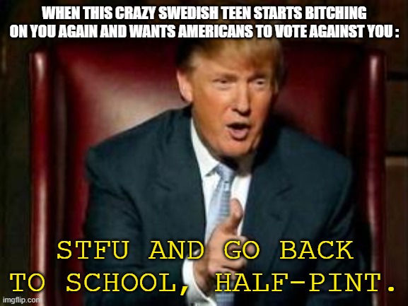 And then what ? | WHEN THIS CRAZY SWEDISH TEEN STARTS BITCHING ON YOU AGAIN AND WANTS AMERICANS TO VOTE AGAINST YOU :; STFU AND GO BACK TO SCHOOL, HALF-PINT. | image tagged in donald trump,memes,greta thunberg,school | made w/ Imgflip meme maker