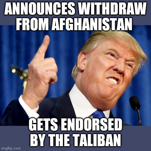 Is there an enemy of the USA who doesn't love him? | ANNOUNCES WITHDRAW FROM AFGHANISTAN; GETS ENDORSED BY THE TALIBAN | image tagged in donald trump,taliban,bonespurs,running chicken | made w/ Imgflip meme maker