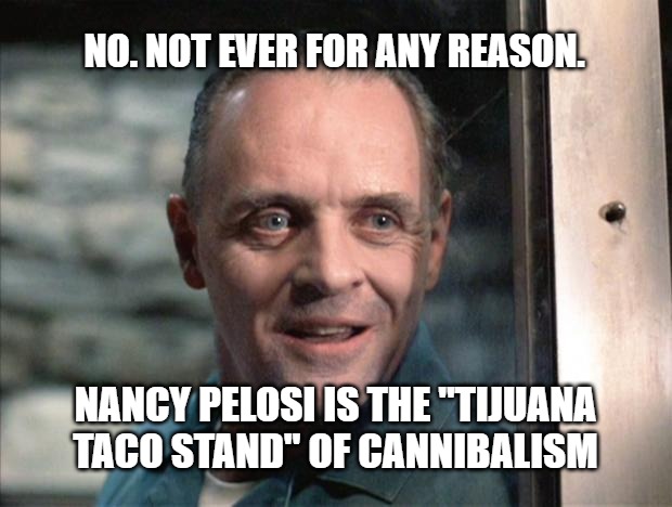 Hannibal Lecter | NO. NOT EVER FOR ANY REASON. NANCY PELOSI IS THE "TIJUANA TACO STAND" OF CANNIBALISM | image tagged in hannibal lecter | made w/ Imgflip meme maker