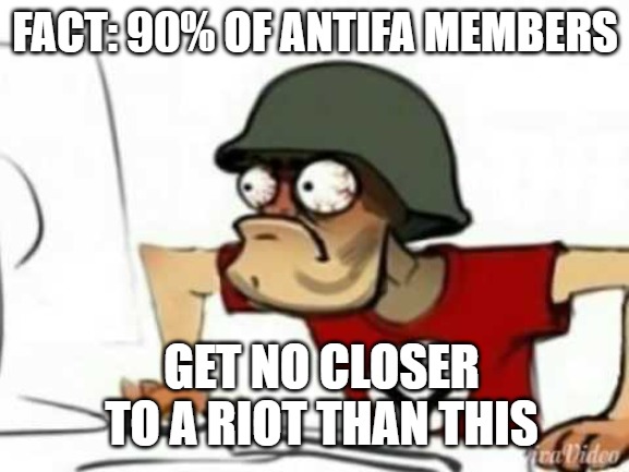 Grammer Nazi | FACT: 90% OF ANTIFA MEMBERS; GET NO CLOSER TO A RIOT THAN THIS | image tagged in grammer nazi | made w/ Imgflip meme maker