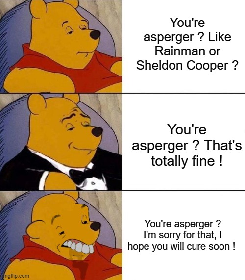 *slaps head* No, it’s not a disease |  You're asperger ? Like Rainman or Sheldon Cooper ? You're asperger ? That's totally fine ! You're asperger ? I'm sorry for that, I hope you will cure soon ! | image tagged in memes,tuxedo winnie the pooh,autism,aspergers | made w/ Imgflip meme maker