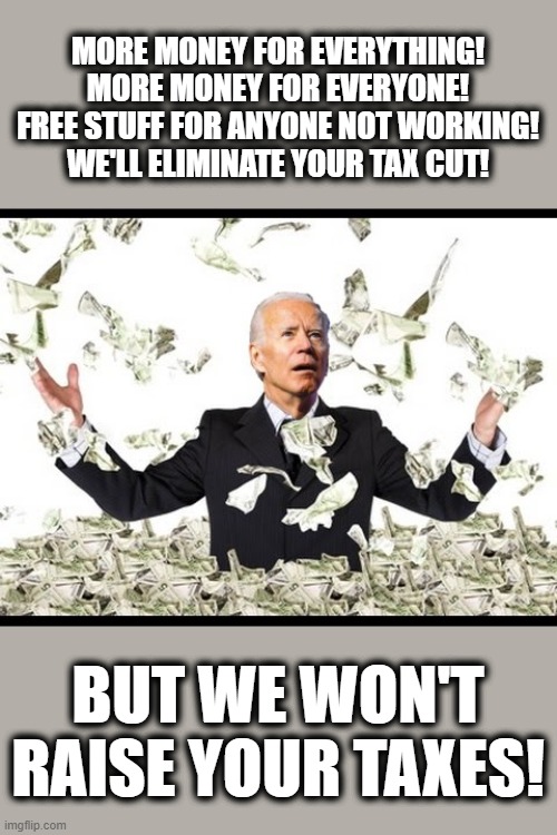 Campaign promises from imbeciles, for imbeciles | MORE MONEY FOR EVERYTHING!
MORE MONEY FOR EVERYONE!
FREE STUFF FOR ANYONE NOT WORKING!
WE'LL ELIMINATE YOUR TAX CUT! BUT WE WON'T RAISE YOUR TAXES! | image tagged in memes,stupid liberals,joe biden,raise taxes,make it rain,election 2020 | made w/ Imgflip meme maker