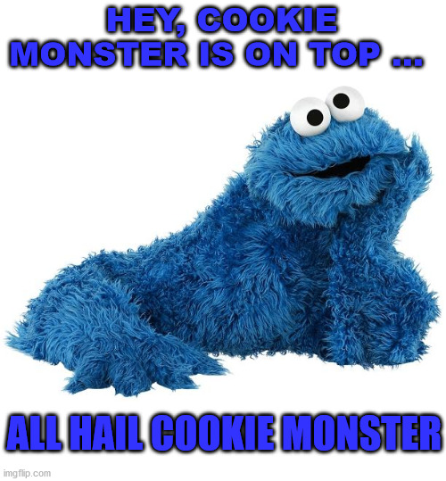 Cookie Monster | HEY, COOKIE MONSTER IS ON TOP ... ALL HAIL COOKIE MONSTER | image tagged in cookie monster | made w/ Imgflip meme maker