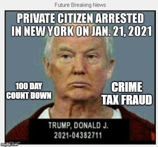 100 days to go until January 21, 2021 | CRIME TAX FRAUD; 100 DAY COUNT DOWN | image tagged in countdown,criminal,traitor,liar,mafia,conman | made w/ Imgflip meme maker