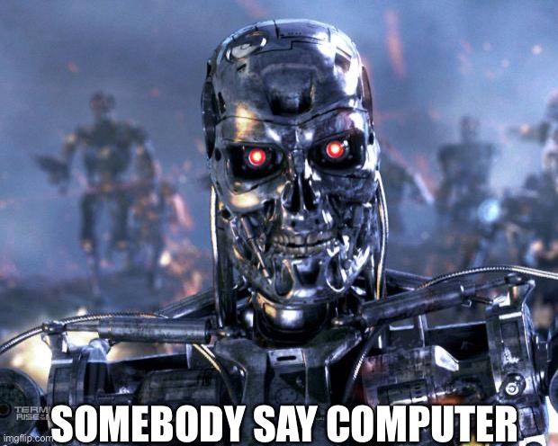 Terminator Robot T-800 | SOMEBODY SAY COMPUTER | image tagged in terminator robot t-800 | made w/ Imgflip meme maker