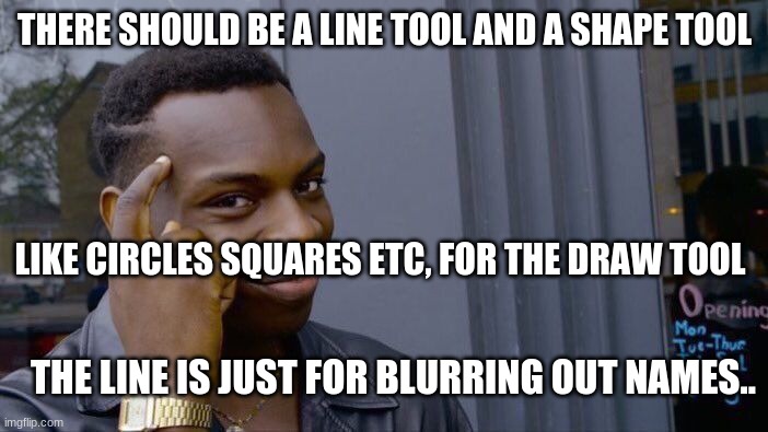 Roll Safe Think About It Meme | THERE SHOULD BE A LINE TOOL AND A SHAPE TOOL; LIKE CIRCLES SQUARES ETC, FOR THE DRAW TOOL; THE LINE IS JUST FOR BLURRING OUT NAMES.. | image tagged in memes,roll safe think about it | made w/ Imgflip meme maker