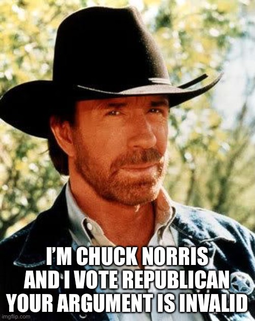 Chuck Norris Meme | I’M CHUCK NORRIS AND I VOTE REPUBLICAN YOUR ARGUMENT IS INVALID | image tagged in memes,chuck norris | made w/ Imgflip meme maker