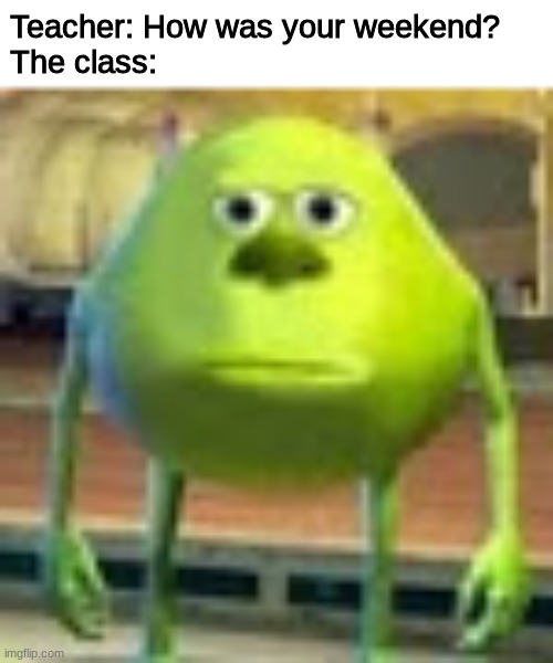 Sully Wazowski | Teacher: How was your weekend?
The class: | image tagged in sully wazowski | made w/ Imgflip meme maker
