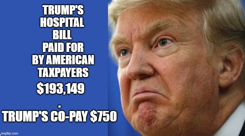 Tax Cheat Bankrupt LoserWants his $750 Tax Refunded | TRUMP'S HOSPITAL 
BILL 
PAID FOR BY AMERICAN TAXPAYERS; $193,149

.
TRUMP'S CO-PAY $750 | image tagged in angry trump,tax fraud,liar in chief,criminal,conman,bankrupt | made w/ Imgflip meme maker