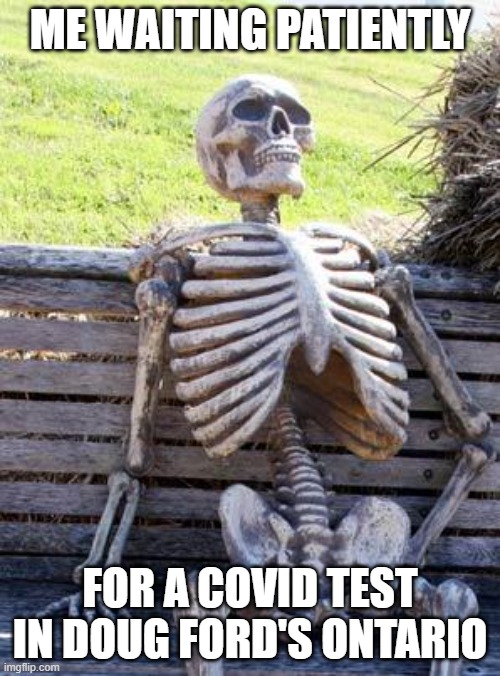 Waiting Skeleton Meme | ME WAITING PATIENTLY; FOR A COVID TEST IN DOUG FORD'S ONTARIO | image tagged in memes,waiting skeleton,AdviceAnimals | made w/ Imgflip meme maker
