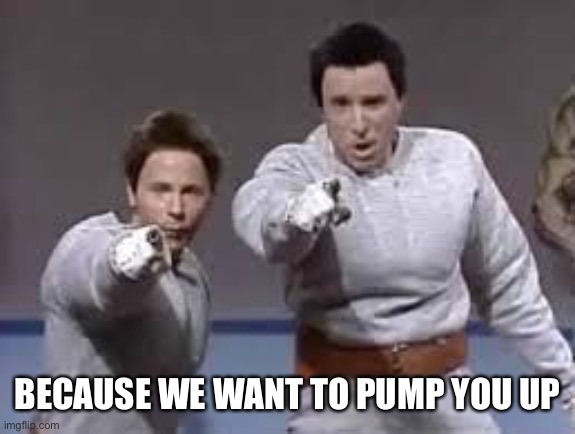 hans and franz | BECAUSE WE WANT TO PUMP YOU UP | image tagged in hans and franz | made w/ Imgflip meme maker