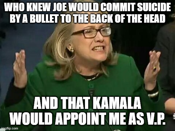 hillary what difference does it make | WHO KNEW JOE WOULD COMMIT SUICIDE BY A BULLET TO THE BACK OF THE HEAD AND THAT KAMALA WOULD APPOINT ME AS V.P. | image tagged in hillary what difference does it make | made w/ Imgflip meme maker