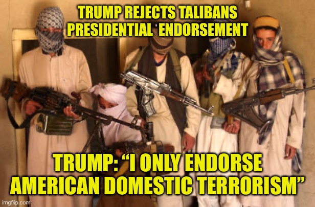 Making America great by endorsement of Domestic workers | TRUMP REJECTS TALIBANS PRESIDENTIAL  ENDORSEMENT; TRUMP: “I ONLY ENDORSE AMERICAN DOMESTIC TERRORISM” | image tagged in donald trump,terrorism,republicans,crazy,orange,funny memes | made w/ Imgflip meme maker