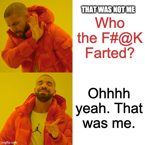 Who Farted man? | THAT WAS NOT ME; Who the F#@K Farted? Ohhhh yeah. That was me. | image tagged in memes,drake hotline bling | made w/ Imgflip meme maker