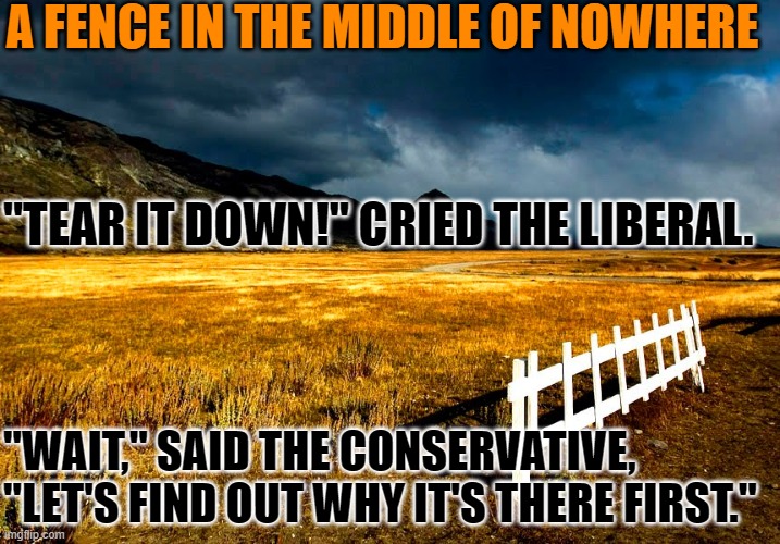 the difference | A FENCE IN THE MIDDLE OF NOWHERE; "TEAR IT DOWN!" CRIED THE LIBERAL. "WAIT," SAID THE CONSERVATIVE, "LET'S FIND OUT WHY IT'S THERE FIRST." | image tagged in fence,future,conservative,liberal,politics,difference | made w/ Imgflip meme maker