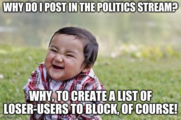 Trollhunter | WHY DO I POST IN THE POLITICS STREAM? WHY, TO CREATE A LIST OF LOSER-USERS TO BLOCK, OF COURSE! | image tagged in memes,evil toddler | made w/ Imgflip meme maker