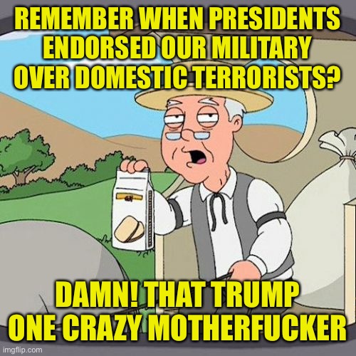 Pepperidge Farm Remembers Meme | REMEMBER WHEN PRESIDENTS ENDORSED OUR MILITARY OVER DOMESTIC TERRORISTS? DAMN! THAT TRUMP ONE CRAZY MOTHERFUCKER | image tagged in memes,pepperidge farm remembers | made w/ Imgflip meme maker