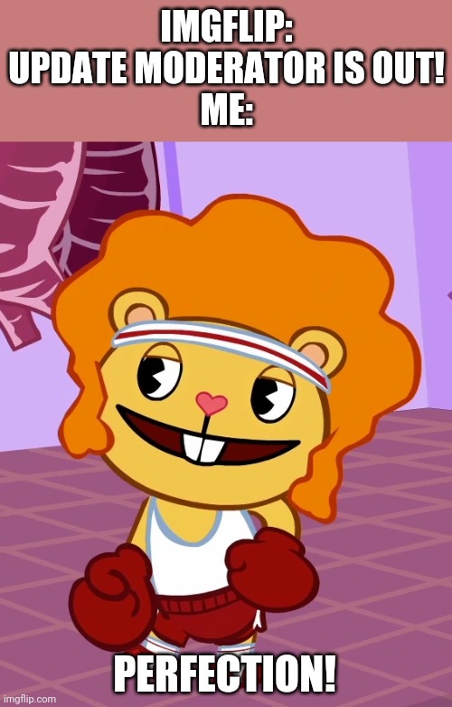 Perfectly Disco Bear (HTF) | IMGFLIP: UPDATE MODERATOR IS OUT!
ME: PERFECTION! | image tagged in perfectly disco bear htf | made w/ Imgflip meme maker