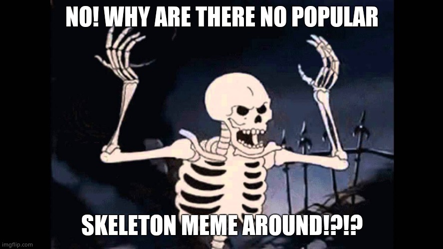 Spooky Skeleton | NO! WHY ARE THERE NO POPULAR; SKELETON MEME AROUND!?!? | image tagged in spooky skeleton | made w/ Imgflip meme maker
