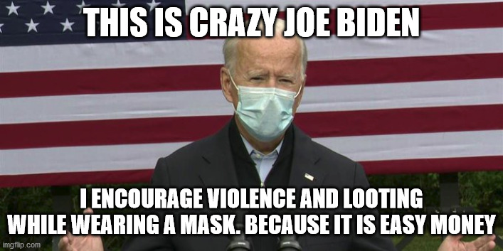 Joe Biden message to encourage theft and violence | THIS IS CRAZY JOE BIDEN; I ENCOURAGE VIOLENCE AND LOOTING WHILE WEARING A MASK. BECAUSE IT IS EASY MONEY | image tagged in joe biden,election 2020,looters,democrats | made w/ Imgflip meme maker