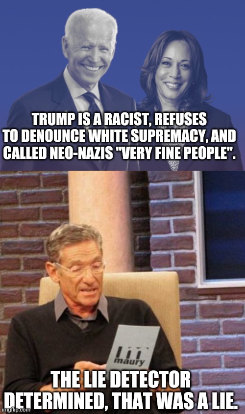 that was a lie | TRUMP IS A RACIST, REFUSES TO DENOUNCE WHITE SUPREMACY, AND CALLED NEO-NAZIS "VERY FINE PEOPLE". THE LIE DETECTOR DETERMINED, THAT WAS A LIE. | image tagged in memes,maury lie detector,biden harris 2020 | made w/ Imgflip meme maker