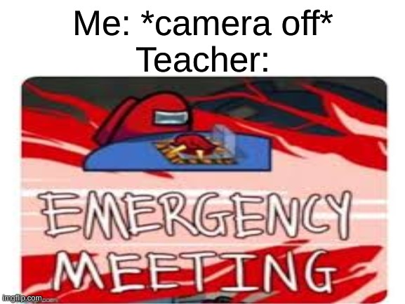 Everyone who has online school has this problem | Me: *camera off*
Teacher: | image tagged in online school,among us | made w/ Imgflip meme maker