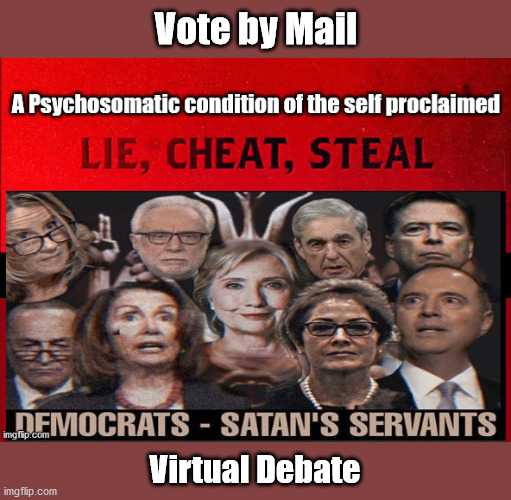 Vote by Mail, Virtual Debate...How "they" lie, cheat and steal.... | Vote by Mail; Virtual Debate | image tagged in democrats,election,voting,virtual debate,debait and switch | made w/ Imgflip meme maker