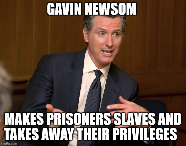 Slave Master Governor Newsom | GAVIN NEWSOM; MAKES PRISONERS SLAVES AND TAKES AWAY THEIR PRIVILEGES | image tagged in gavin,california,slavery,democrats | made w/ Imgflip meme maker