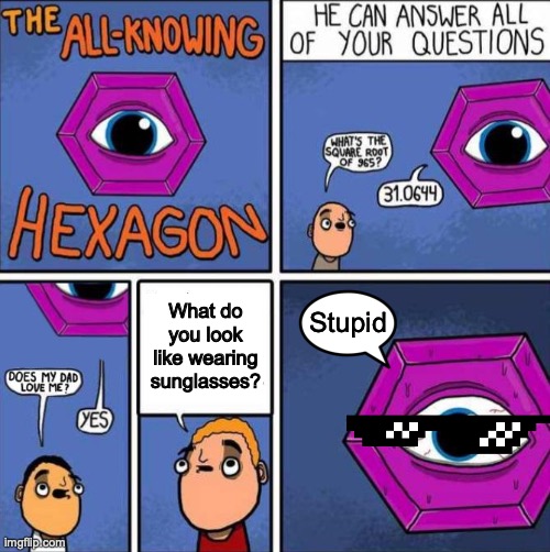 Throwin' Shade | What do you look like wearing sunglasses? Stupid | image tagged in all knowing hexagon original,memes,sunglasses,oh god why | made w/ Imgflip meme maker