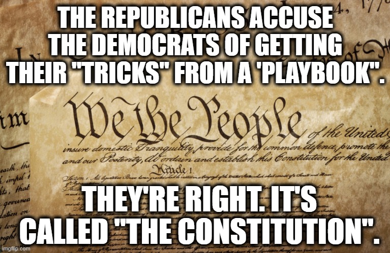 Our Founders Saw Trump Coming 244 Years Away. | THE REPUBLICANS ACCUSE THE DEMOCRATS OF GETTING THEIR "TRICKS" FROM A 'PLAYBOOK". THEY'RE RIGHT. IT'S CALLED "THE CONSTITUTION". | image tagged in constitution,republicans,democrats,tricks,election 2020,donald trump | made w/ Imgflip meme maker