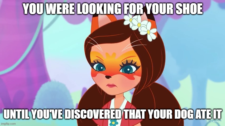 Angry Felicity Fox Discovering Missing Shoes | YOU WERE LOOKING FOR YOUR SHOE; UNTIL YOU'VE DISCOVERED THAT YOUR DOG ATE IT | image tagged in angry felicity fox | made w/ Imgflip meme maker