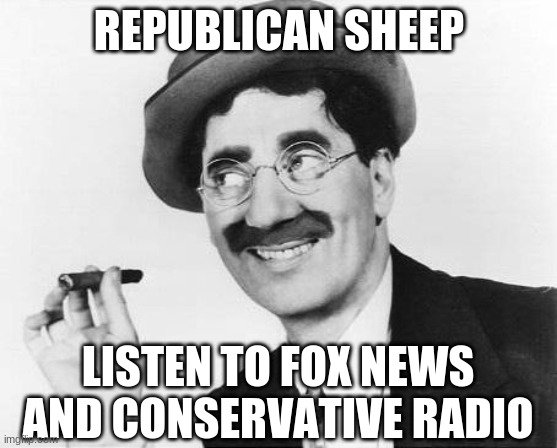 Groucho Marx | REPUBLICAN SHEEP LISTEN TO FOX NEWS AND CONSERVATIVE RADIO | image tagged in groucho marx | made w/ Imgflip meme maker