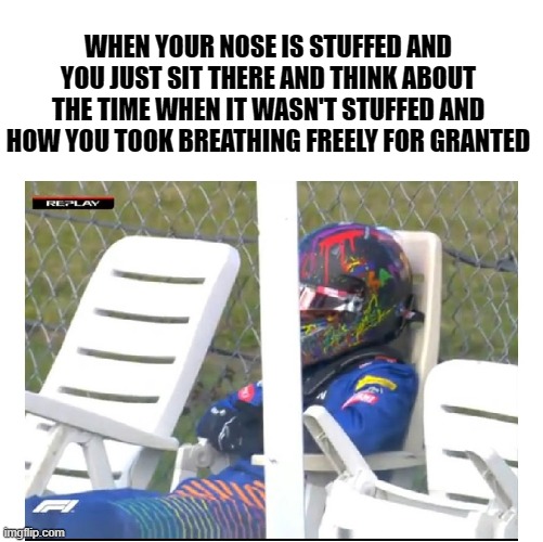 Lando Norris dnf | WHEN YOUR NOSE IS STUFFED AND YOU JUST SIT THERE AND THINK ABOUT THE TIME WHEN IT WASN'T STUFFED AND HOW YOU TOOK BREATHING FREELY FOR GRANTED | image tagged in lando norris dnf | made w/ Imgflip meme maker