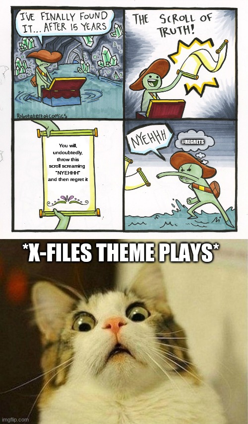 Scroll of FUTURE | #REGRETS; You will, undoubtedly, throw this scroll screaming 
"NYEHHH"
and then regret it; *X-FILES THEME PLAYS* | image tagged in memes,scared cat,the scroll of truth,x-files | made w/ Imgflip meme maker