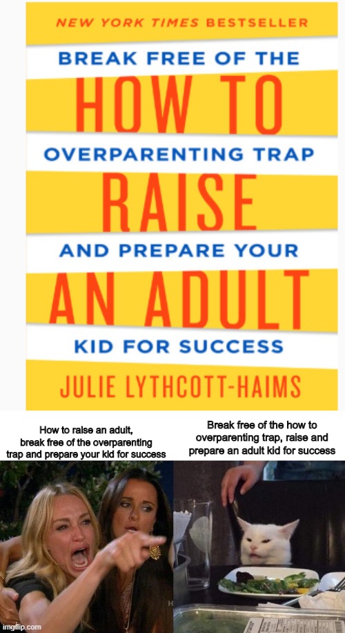 An adult kid | How to raise an adult, break free of the overparenting trap and prepare your kid for success; Break free of the how to overparenting trap, raise and prepare an adult kid for success | image tagged in memes,woman yelling at cat,funny memes,book title,design fail | made w/ Imgflip meme maker