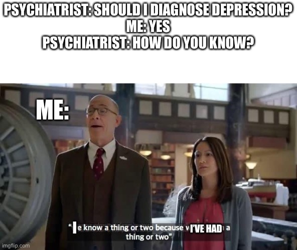 Here is my entry.. I guess | PSYCHIATRIST: SHOULD I DIAGNOSE DEPRESSION?
ME: YES
PSYCHIATRIST: HOW DO YOU KNOW? ME:; I; I’VE HAD | image tagged in we know a thing or two because we've seen a thing or two | made w/ Imgflip meme maker