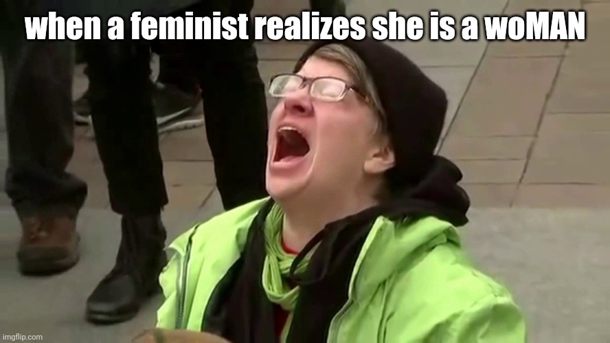 When a feminist realizes she is a woMAN | when a feminist realizes she is a woMAN | image tagged in woman screaming | made w/ Imgflip meme maker
