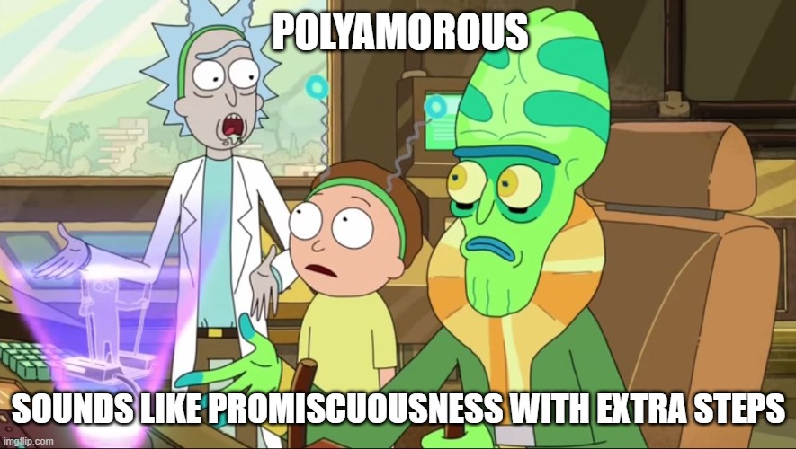 Rick and Morty Extra Steps | POLYAMOROUS; SOUNDS LIKE PROMISCUOUSNESS WITH EXTRA STEPS | image tagged in rick and morty extra steps | made w/ Imgflip meme maker